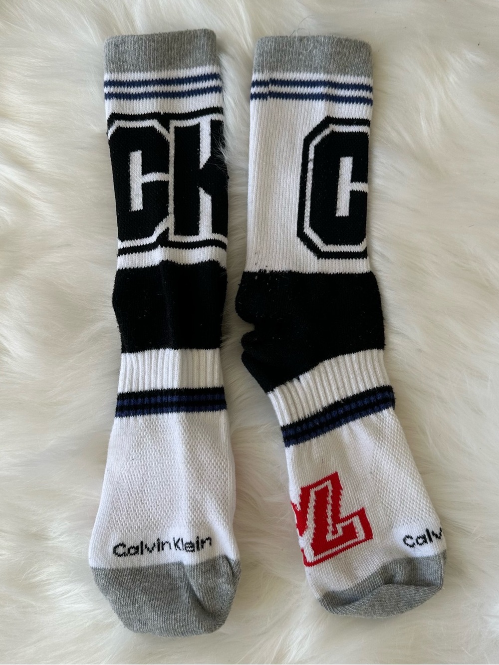 Calvin Klein Rare White, Black & Gray Athletic Crew Socks with Red Accent NWOT